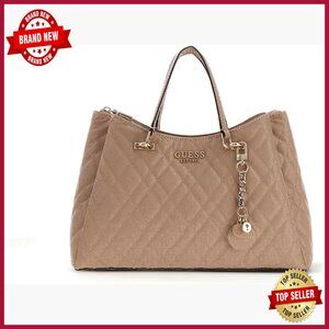 Quilted PU Satchel with Detachable Strap, 3 Compartments, Gold Hardware